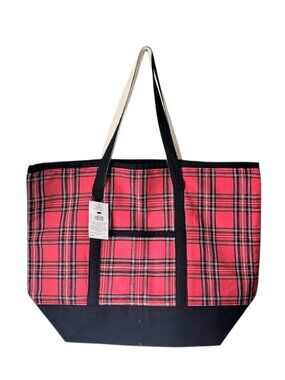 Large Red and Black Plaid Canvas Tote Bag